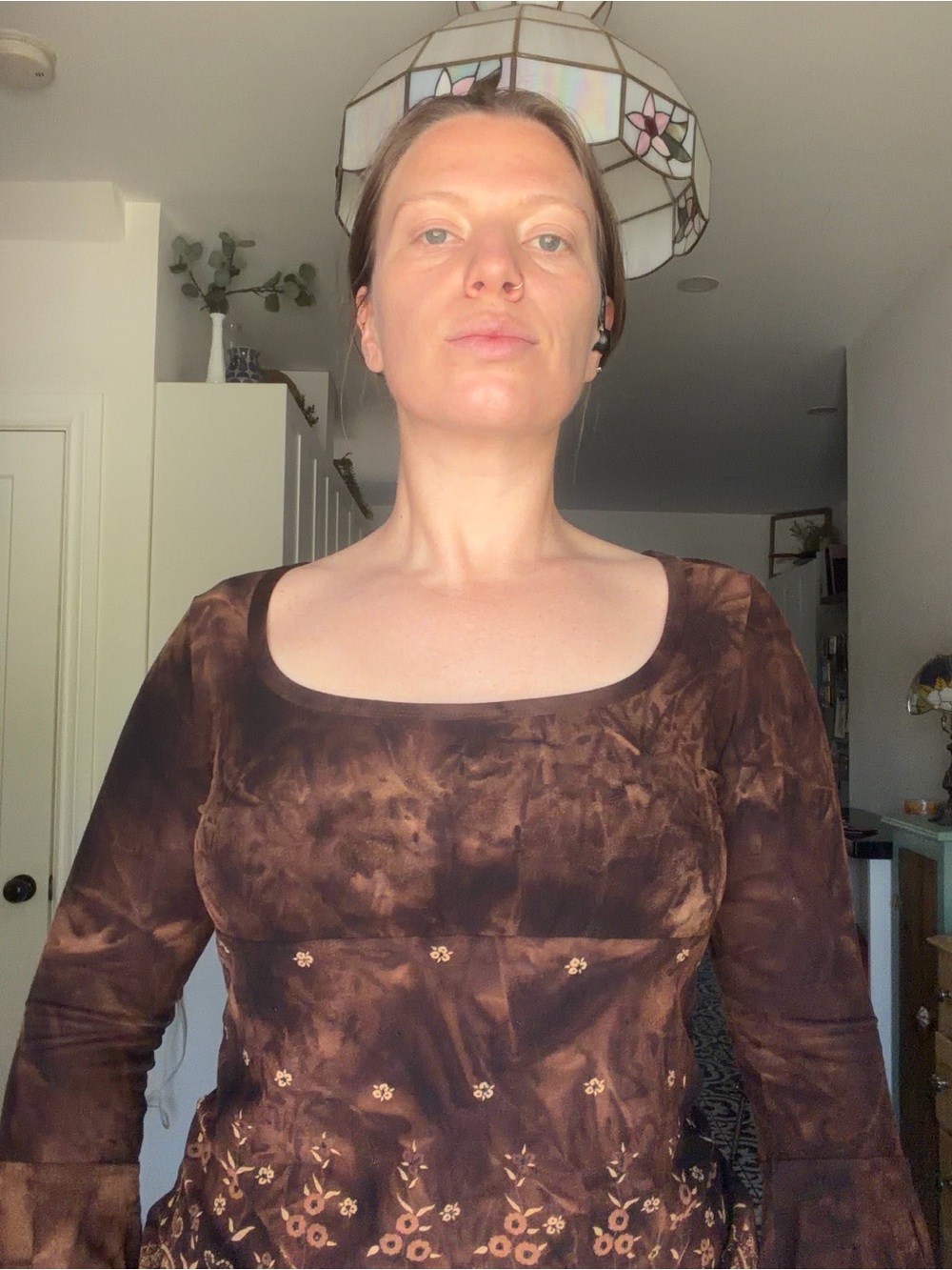Y2K Brown Floral Embroidered Bell Sleeve Long Sleeve Top - Picture 5 of 14